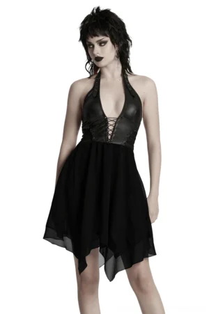 Black gothic halter neck dress with faux leather bodice and lace-up front corset detail, asymmetric chiffon handkerchief hem - front view on alternative fashion model