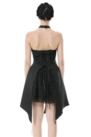 Black gothic halter corset dress with lace-up back closure and open back design, rear view