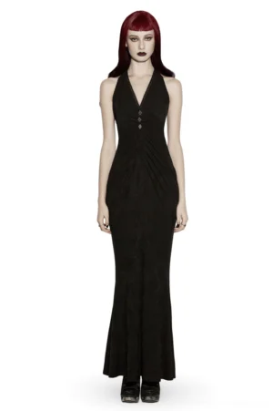 Black gothic halter fishtail maxi dress front view on model, featuring metal buckle accents and jacquard fabric