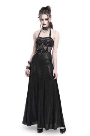Black gothic halter maxi dress with chain details and lace-up corset back, front full-body view on female model wearing alternative fashion