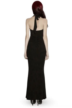 Black gothic halter mermaid dress back view showing open back design and halter neck tie detail