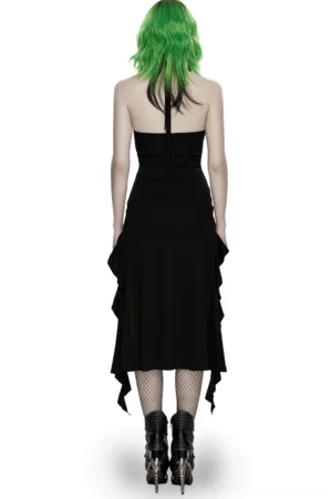 Black gothic halter dress back view displaying exposed halter strap and fitted silhouette with fishnet stockings