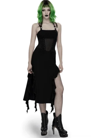 Black gothic halter mesh dress front full-body view showing corset lace-up waist, asymmetric ruffled hem, and side slit detail