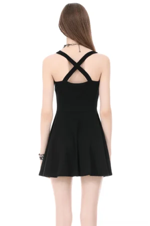 Black gothic halter mini dress showcasing crisscross back straps, keyhole cutout detail, and fitted bodice from rear