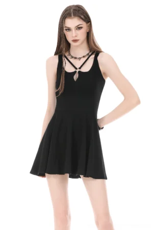 Black gothic halter mini dress with cross strap neckline and keyhole back, front view on model