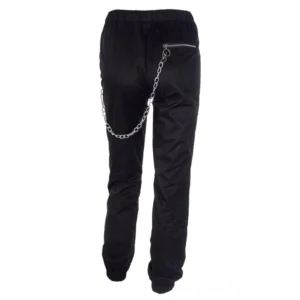Black gothic harem trousers back view, showcasing rear zipper pocket and chain waist detail