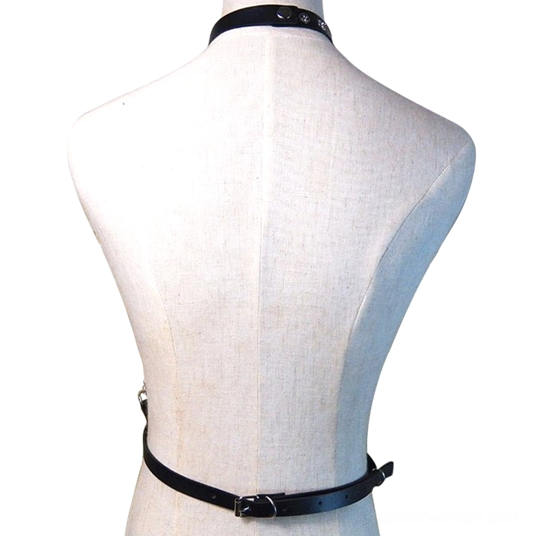 Black leather gothic harness with chains size and fit detail perspective