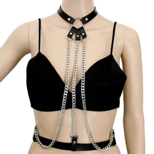 Black leather gothic harness with O-ring choker and chain waist belt display