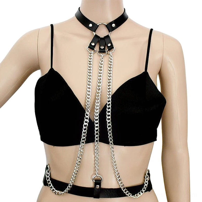 Black leather gothic harness with O-ring choker and chain waist belt display
