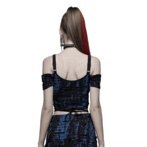 Black gothic harness crop top back view on model, tie-back waist closure and off-shoulder design, alternative fashion