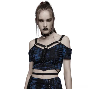 Black gothic harness crop tee front full-body view on model, adjustable shoulder straps and tie-waist rope design, cropped knit hem