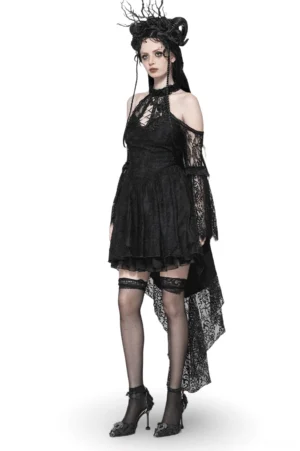 Black gothic lace cutout dress with heart detail front view on model with headdress