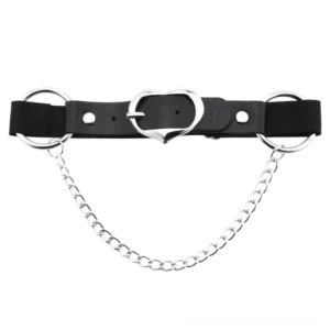 Black gothic leg harness with heart buckle and silver curb chain, flat lay front view product photography