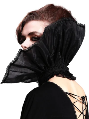 Black gothic lace ruffled high collar rear view on female model showing delicate organza and lace trim details