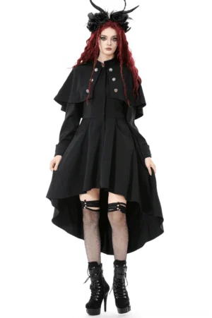 Black victorian gothic high-low cape coat dress with silver buttons front view on model with red hair