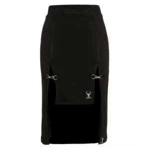 Front display of black gothic high-waist pencil skirt with dual metal ring side splits on mannequin