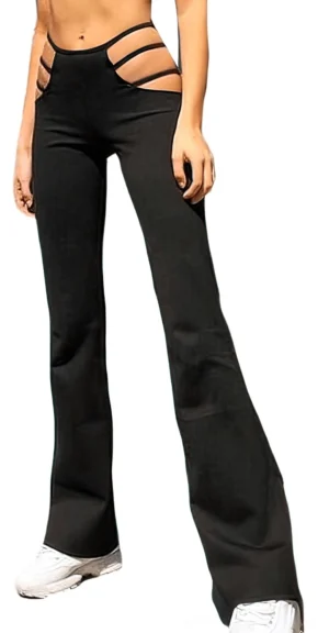 Black gothic high-waist hollow-out pants with side cutout details, front full-body view on female model