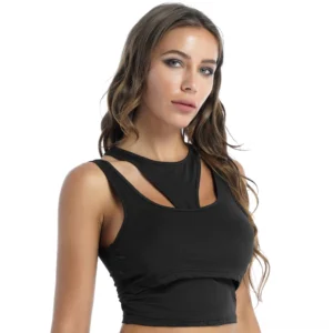 Black gothic hollow out cropped tank top with double-layer cutout design and racerback construction, front view on model