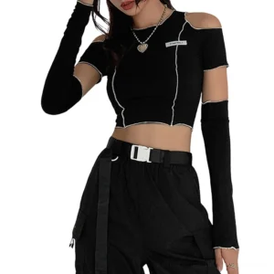 Black gothic hollow shoulder crop top with detachable sleeves, front three-quarter view on model, contrast white topstitching detail