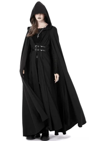 Black gothic hooded floor-length cape cloak worn by female model in front three-quarter view with pointed hood and waist buckle clasp