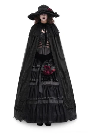 Front full-body view of black hooded gothic cape with intricate lace embroidery worn by female cosplayer, featuring red flower ornament accent on hood