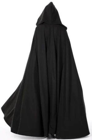 Black gothic hooded cape rear full-length view showing flowing matte black fabric and floor-sweeping hem