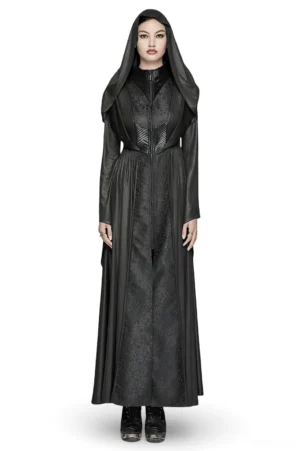 Black gothic hooded cloak coat with 3D pleated collar and jacquard fabric, front view on female model wearing dramatic floor-length dark coat
