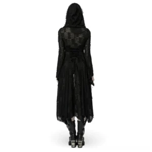 Black gothic hooded coat with decorative lace-up back design and asymmetrical hem, back full-body view on goth model