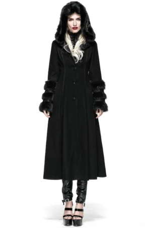 Black gothic hooded coat with faux fur trim and corset lace-up back, shown on model from front angle