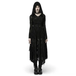 Black gothic hooded coat with mesh rip detail and lace-up back, front full-body view on goth model