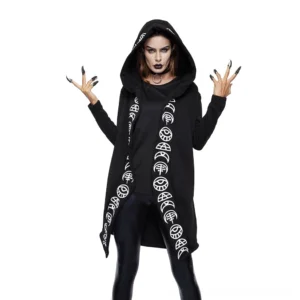 Full front view of gothic black hooded coat with occult symbol prints, styled with all-black outfit and claw accessories
