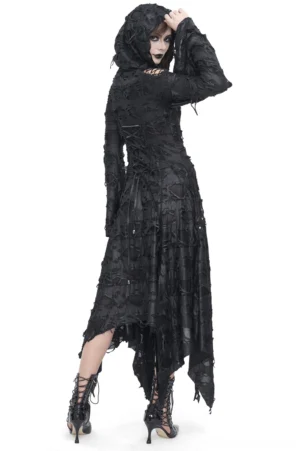 Black gothic distressed hooded long coat back three-quarter view on model, displaying tattered asymmetric hem and flared long sleeves with distressed texture