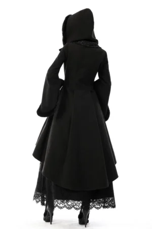 Black gothic hooded cocktail coat rear full view showing high-low hemline and lace-trimmed underskirt