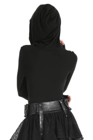 Black gothic hooded top back view - model wearing goth outfit with leather belt and matching skirt, featuring fitted back design