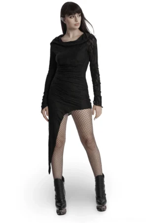 Black gothic hooded dress with asymmetrical hem and distressed mesh, modeled by woman wearing fishnet stockings and black boots, front three-quarter view