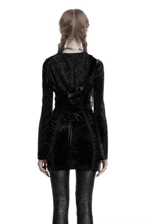 Black hooded gothic dress back view showing lace-up corset detail and ruching