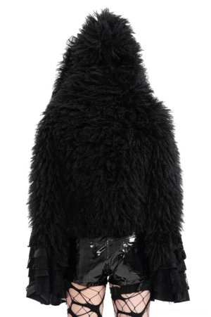 Gothic black hooded jacket rear view showing shaggy fur texture and ruffled cuffs on dress form