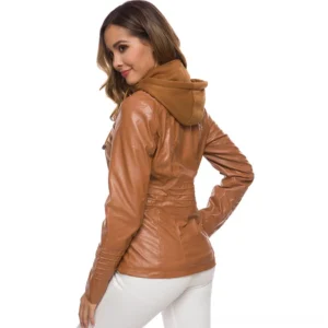Black gothic PU leather hooded jacket side rear view showing fitted silhouette and ruched cuffs