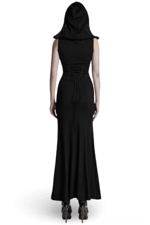 Black gothic hooded dress rear view showing lace-up corset back with metal D-ring hardware and floor-length silhouette