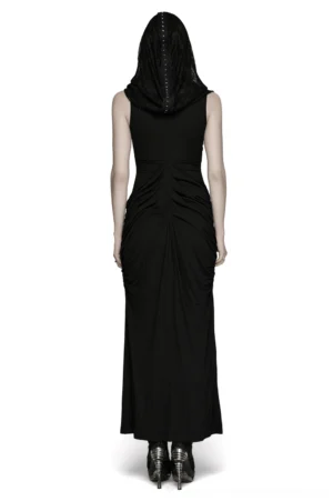 Gothic hooded dress back view showing dramatic ruched fabric and floor-length silhouette