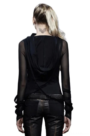 Black gothic hooded mesh top back view displaying crisscross design, studded belt accent, and sheer mesh sleeves