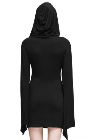 Black gothic hooded mini dress rear view on dress form displaying large draped hood and flared bell sleeves