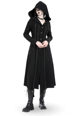 Black gothic hooded trench coat front view with chain-link lace trim and skull button closures, worn by female model