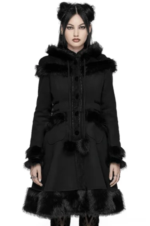 Black gothic hooded wool coat with faux fur trim - front full-body view on female model wearing alternative fashion style