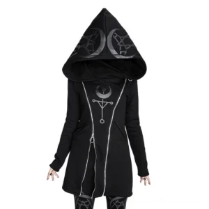 Gothic women's hooded sweatshirt with occult symbols front on-model display, black fleece pullover with mystical prints on hood and chest area, frontal view
