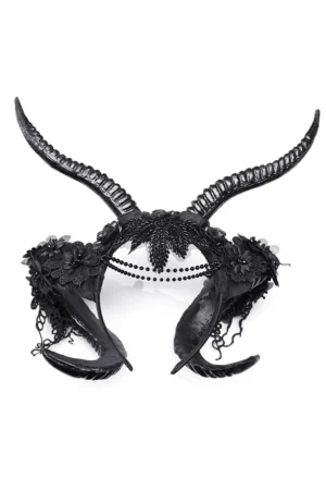 Black horned gothic headpiece with curved ram horns and floral lace decoration on display, front view without forehead chain