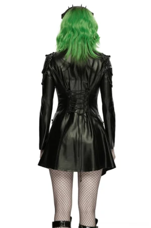 Black faux leather gothic jacket rear view featuring corset lace-up back detail and fishnet stockings