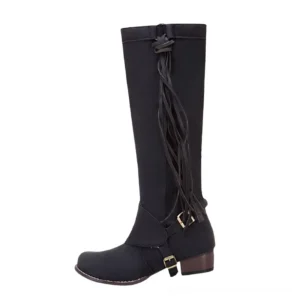 Black gothic knee-high boots with dual metal buckles and tassel trim, side view