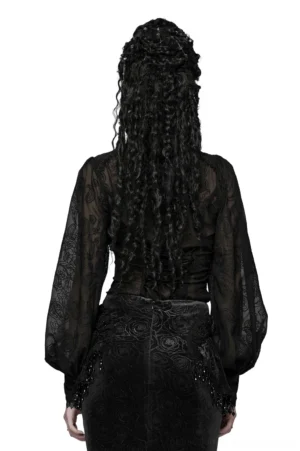 Black gothic lace blouse rear view - adjustable lace-up corset back with sheer sleeves