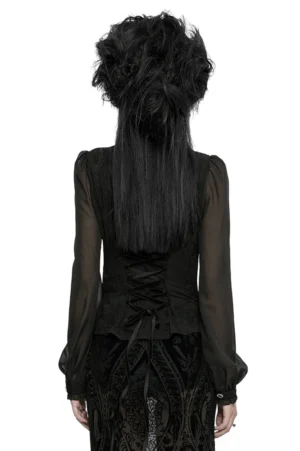 Black gothic blouse back view showing adjustable corset-style lace-up design with drawstring waist and flowing chiffon sleeves